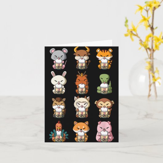 Boba Bubble Milk Tea Chinese Zodiacs Animal Lunar  Kaart (Gele Bloem)