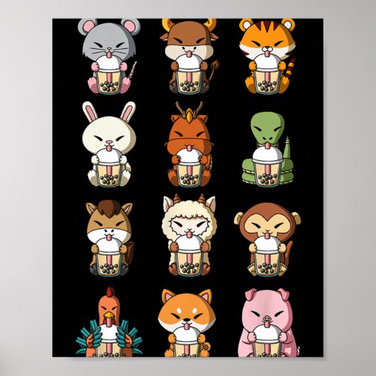 Boba Bubble Milk Tea Chinese Zodiacs Animal Lunar  Poster (Voorkant)