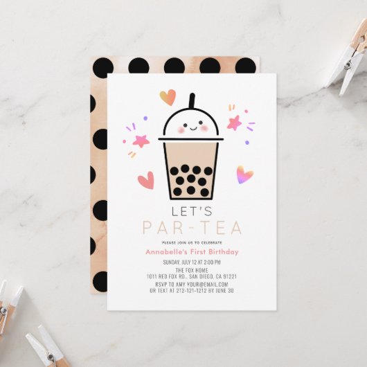 Boba Bubble Tea Feestje Par-tea 1e Verjaardag Kaart (Voorkant / Achterkant in situ)