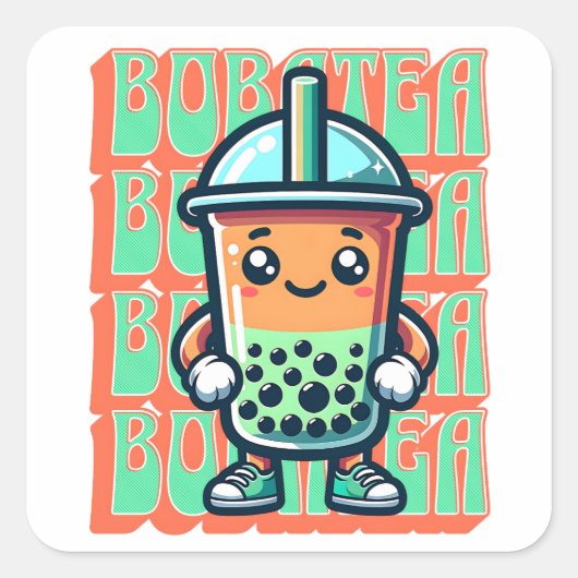Boba Bubble Tea Kawaii Schattigee Cartoon Vierkante Sticker (Voorkant)