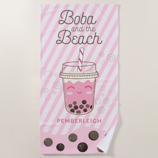 Boba Bubble Tea Roze Strepen Strandlaken (Voorkant)