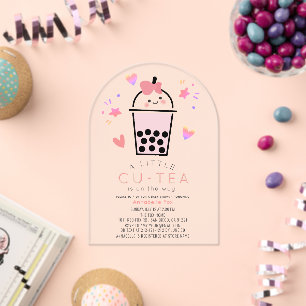 Boba Bubble Tea Roze Strikje Meisje Baby Shower Acryl Uitnodigingen