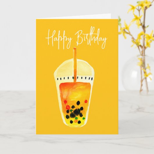 Boba Bubble theekunst illustratie Kaart (Gele Bloem)