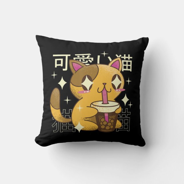 Boba Cat Kawaii Anime Kussen (Voorkant)