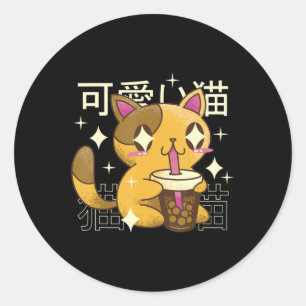 Boba Cat Kawaii Anime Ronde Sticker