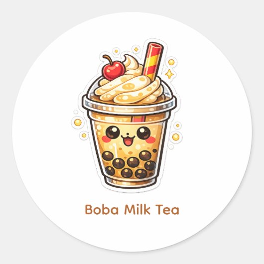 Boba Milk Tea Ronde Sticker (Voorkant)