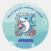 Boba Shark Schattige Kawaii Roze Bedankt Ronde Sticker (Voorkant)