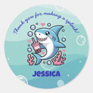 Boba Shark Schattige Kawaii Roze Bedankt Ronde Sticker