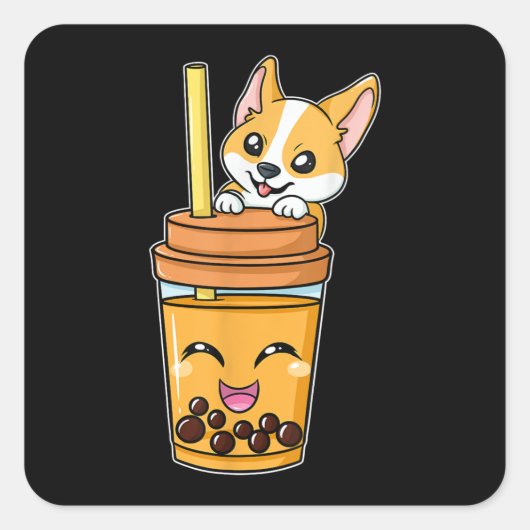 Boba Tapioca Pearls Bubble Milk Tea Drink Corgi Vierkante Sticker (Voorkant)