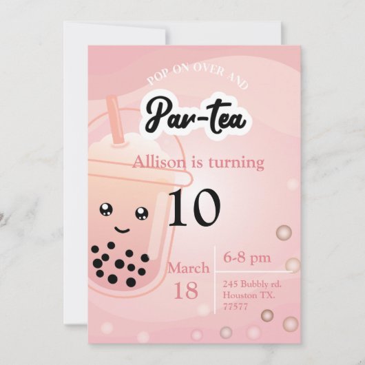 Boba Tea Birthday Party Invitation Kaart (Voorkant)
