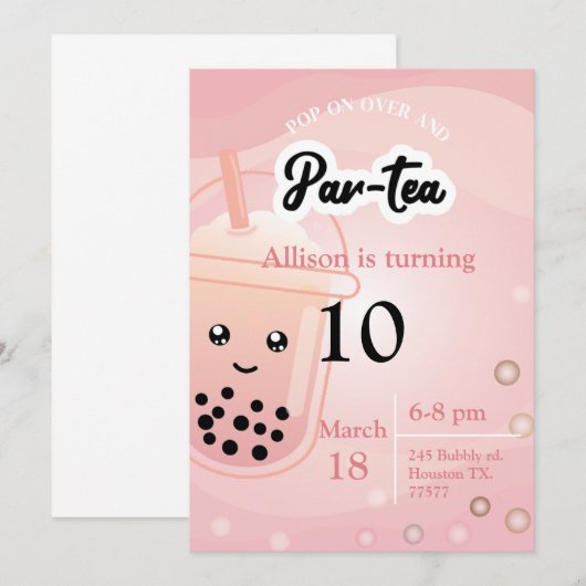 Boba Tea Birthday Party Invitation Kaart (Voorkant / Achterkant)