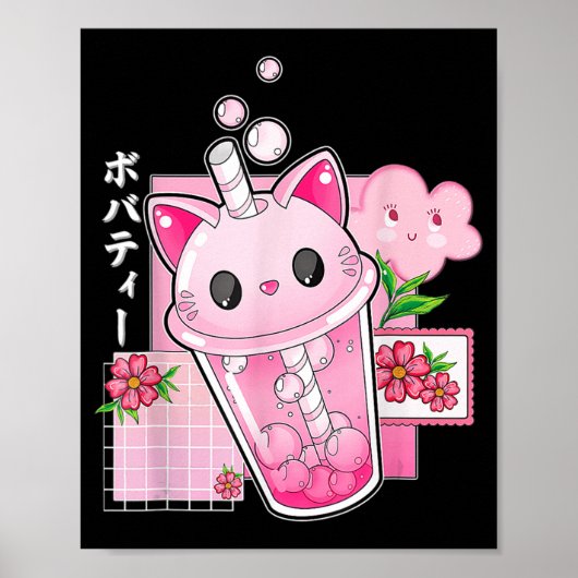 Boba Tea Cat Bubble Tea Kawaii Anime Japans meisje Poster (Voorkant)
