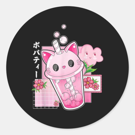 Boba Tea Cat Bubble Tea Kawaii Anime Japans meisje Ronde Sticker (Voorkant)
