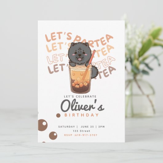 Boba Tea Chow Chow Dog Verjaardag Uitnodiging (Staand voorkant)