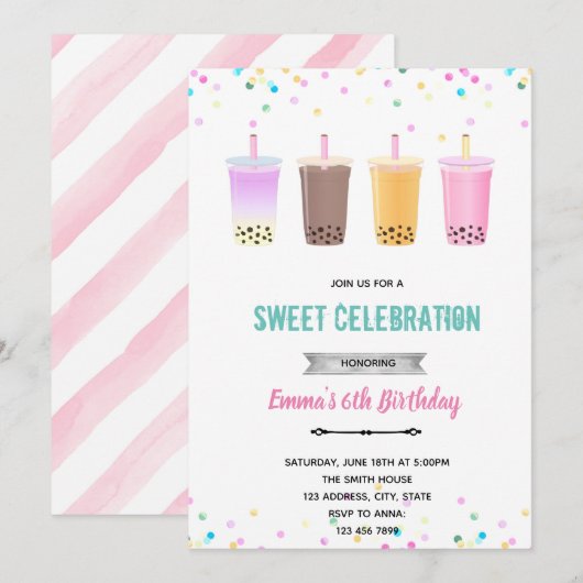 Boba tea milktea verjaardaguitnodiging kaart (Voorkant / Achterkant)