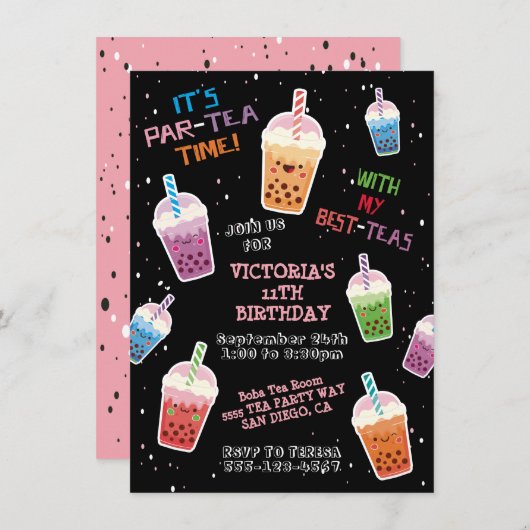 Boba Tea Party Birthday Party Invitation Kaart (Voorkant / Achterkant)