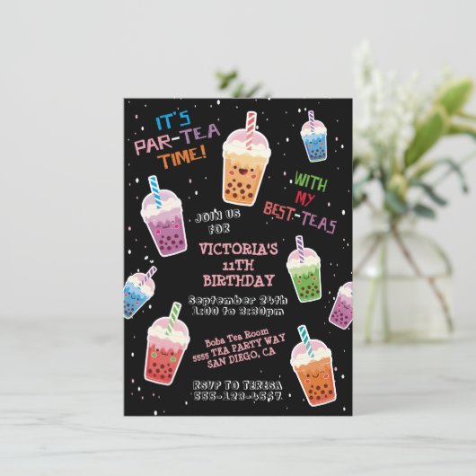 Boba Tea Party Birthday Party Invitation Kaart (Staand voorkant)