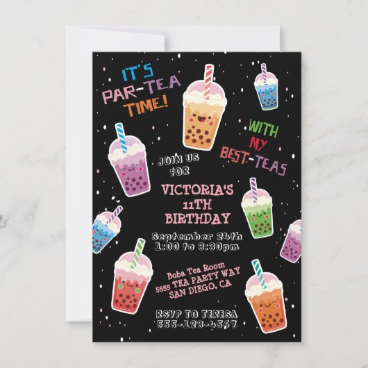 Boba Tea Party Birthday Party Invitation Kaart (Voorkant)