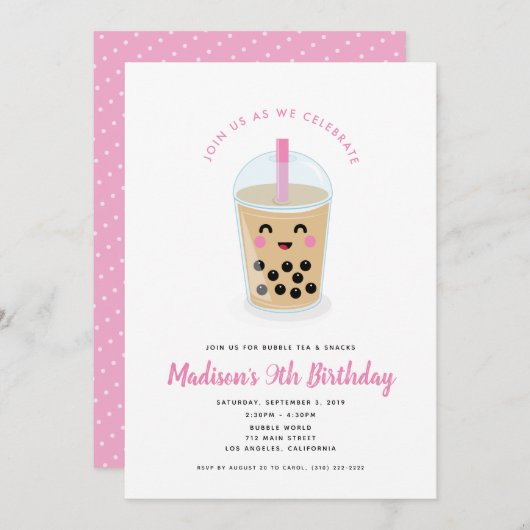 Boba Tea Party Invitation in Pink Kaart (Voorkant / Achterkant)