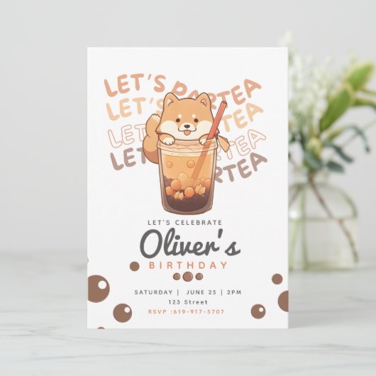 Boba Tea Shiba Inu Uitnodiging voor verjaardag (Staand voorkant)