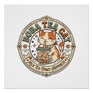 Boba Thee Kat Boba Thee Kat Vintage Vector Kunst S Perfect Poster