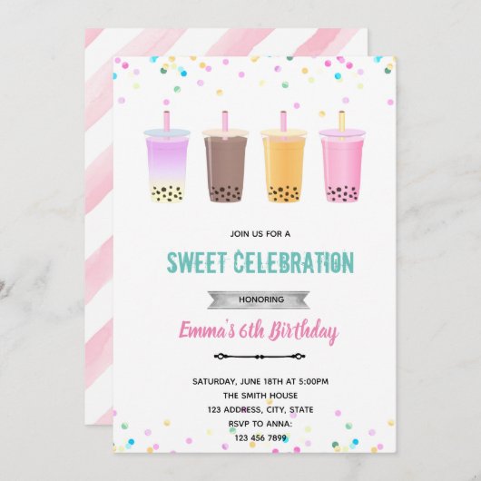 Boba-thee milkthee verjaardagsuitnodiging kaart (Voorkant / Achterkant)