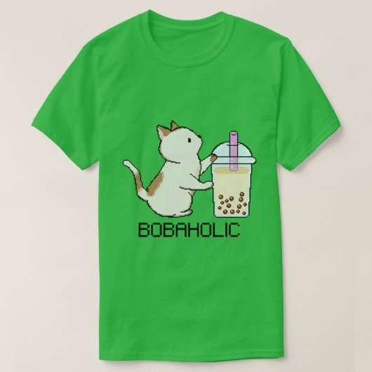 Bobaholic Pixel Kat houdt van Boba Tea T-shirt (Design voorkant)