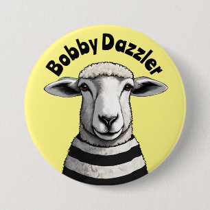 Bobby Dazzler, Geordie pin, Stripy schaap, lam Ronde Button 7,6 Cm