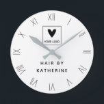Bobby Pin Roman Numerals Hair Salon Name Logo Ronde Klok<br><div class="desc">Voeg je eigen logo toe aan deze ronde witte wandklok voor een haarsalon met roman cijfers gemaakt door bobby-spelden. Voeg ook de naam van je haarsalon of haarstilende zaken toe!</div>