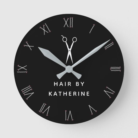 Bobby Pin Roman Numerals Scissor Black Hair Salon Ronde Klok (Voorkant)