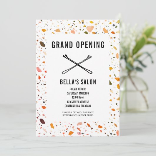 Bobby Pins Terrazzo Salon Openen Kaart (Staand voorkant)