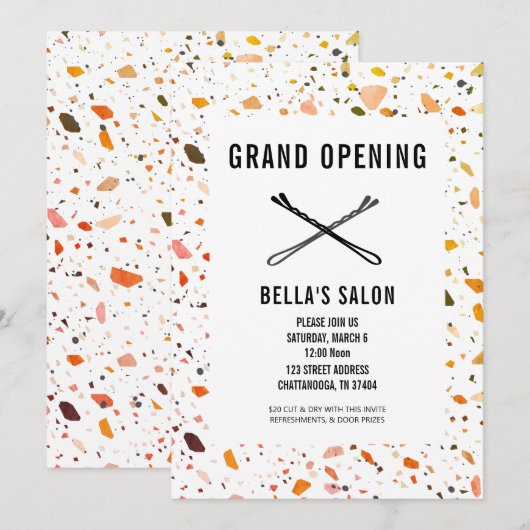 Bobby Pins Terrazzo Salon Openen Kaart (Voorkant / Achterkant)