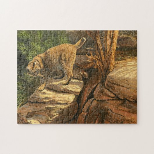 Bobcat jacht tussen de rotsen, acryl schilderij legpuzzel (Horizontaal)