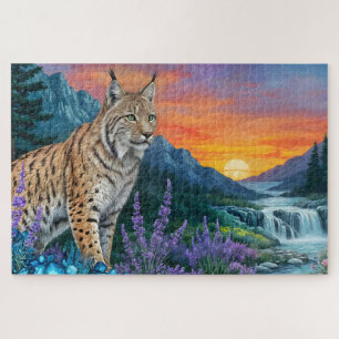 Bobcat / Lynx bij zonsopgang bij waterval Legpuzzel