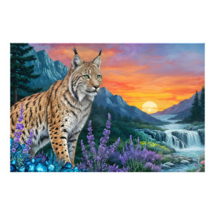 Bobcat/Lynx kat zonsopgang waterval landschap Foto Afdruk