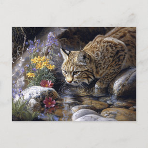 Bobcat met wilde bloemen Schilderachtig kunst Briefkaart