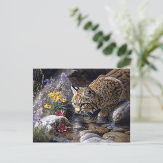 Bobcat met wilde bloemen Schilderachtig kunst Briefkaart (Staand voorkant)