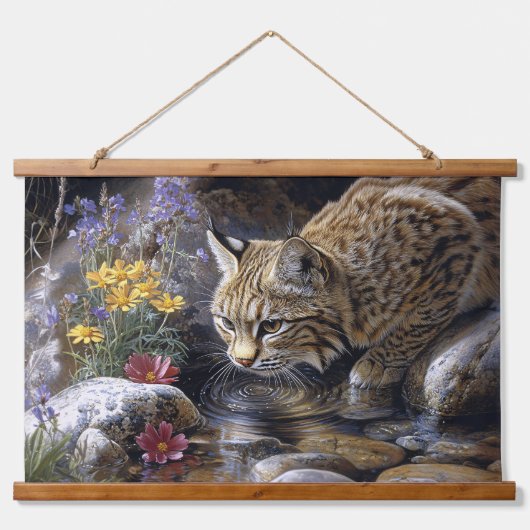 Bobcat met wilde bloemen Schilderachtig kunst Hangend Wandkleed (Voorkant)
