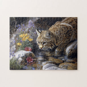 Bobcat met wilde bloemen Schilderachtig kunst Legpuzzel