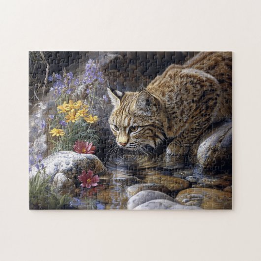 Bobcat met wilde bloemen Schilderachtig kunst Legpuzzel (Horizontaal)