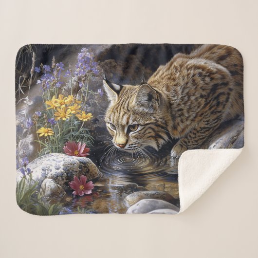 Bobcat met wilde bloemen Schilderachtig kunst Sherpa Deken (Voorkant (horizontaal))