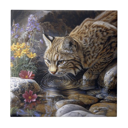 Bobcat met wilde bloemen Schilderachtig kunst Tegeltje (Voorkant)