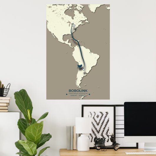 Bobolink Migratiekaart – Minimalistische Vogel Poster (Thuiskantoor)