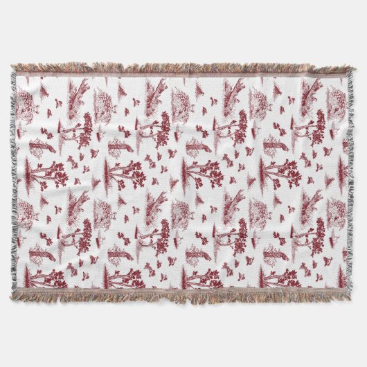 Bobwhite Quail Toile de Jouy Cranberry Throw Deken (Voorkant)
