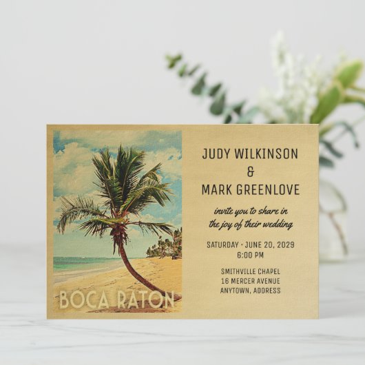 Boca Raton Wedding Invitation Beach Palm Kaart (Staand voorkant)