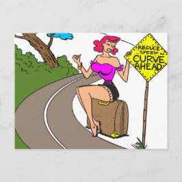 Bocht vooruit, mooie vrouw liftend, grappig briefkaart