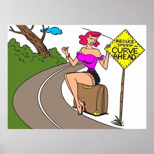 Bocht vooruit, mooie vrouw liftend, grappig poster (Voorkant)