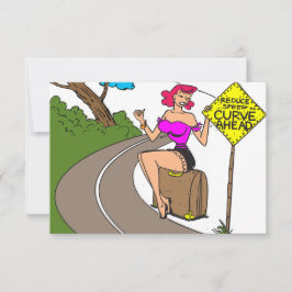 Bocht vooruit, mooie vrouw op een weg, grappig save the date