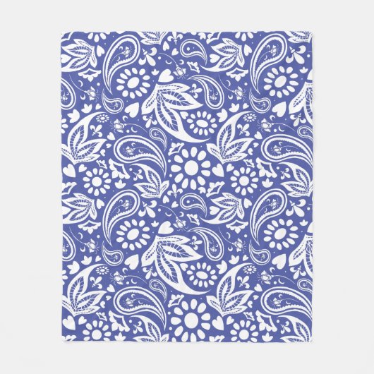Boco Chic Classic Blauw Wit Paisley Bloemhart Fleece Deken (Voorkant)