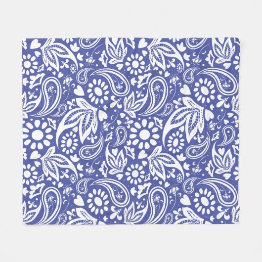 Boco Chic Classic Blauw Wit Paisley Bloemhart Fleece Deken (Voorkant (Horizontaal))